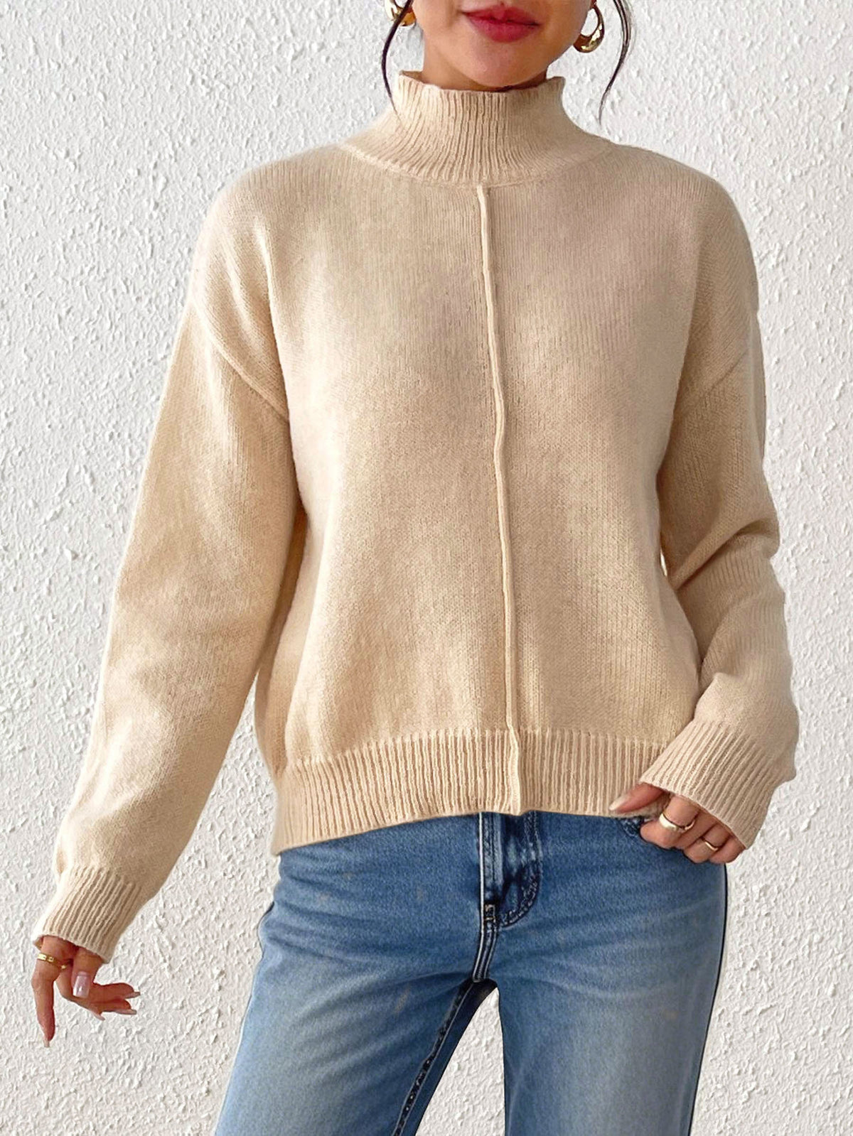 Center Seam Mock Neck Pullover Sweater - Apricot