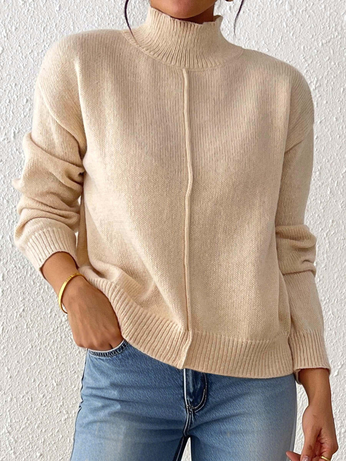 Center Seam Mock Neck Pullover Sweater - Apricot - 1