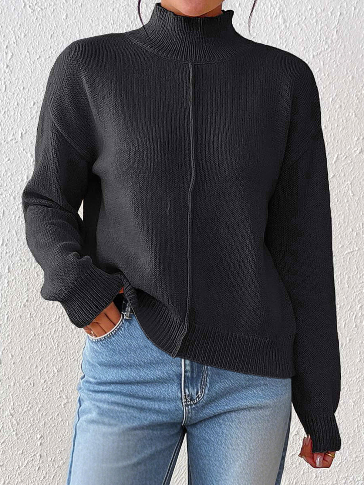 Center Seam Mock Neck Pullover Sweater - Black