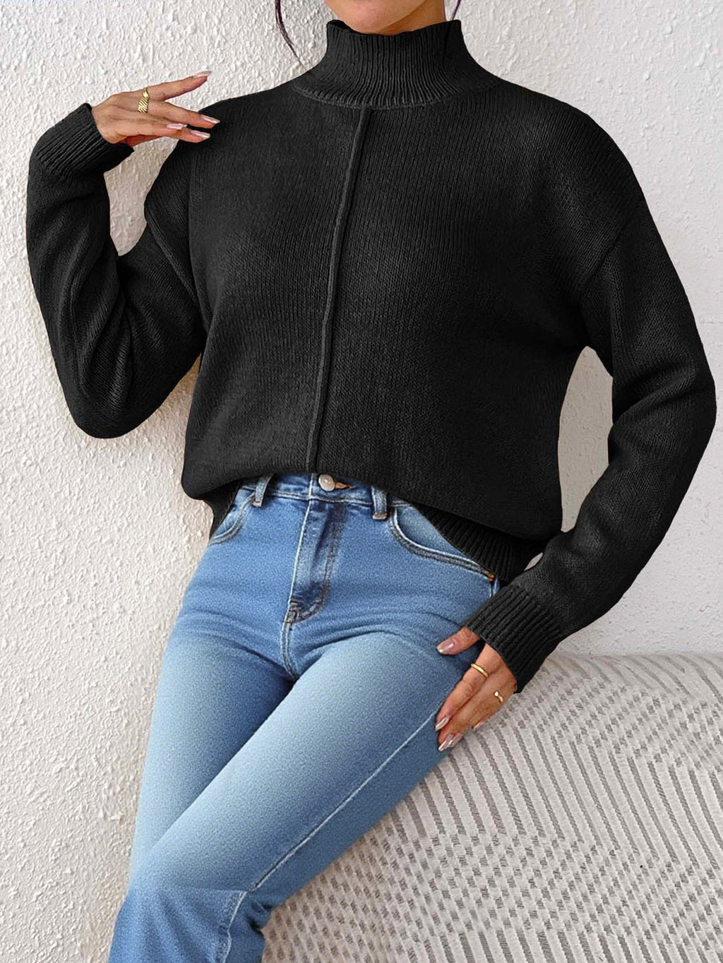 Center Seam Mock Neck Pullover Sweater - Black - 1