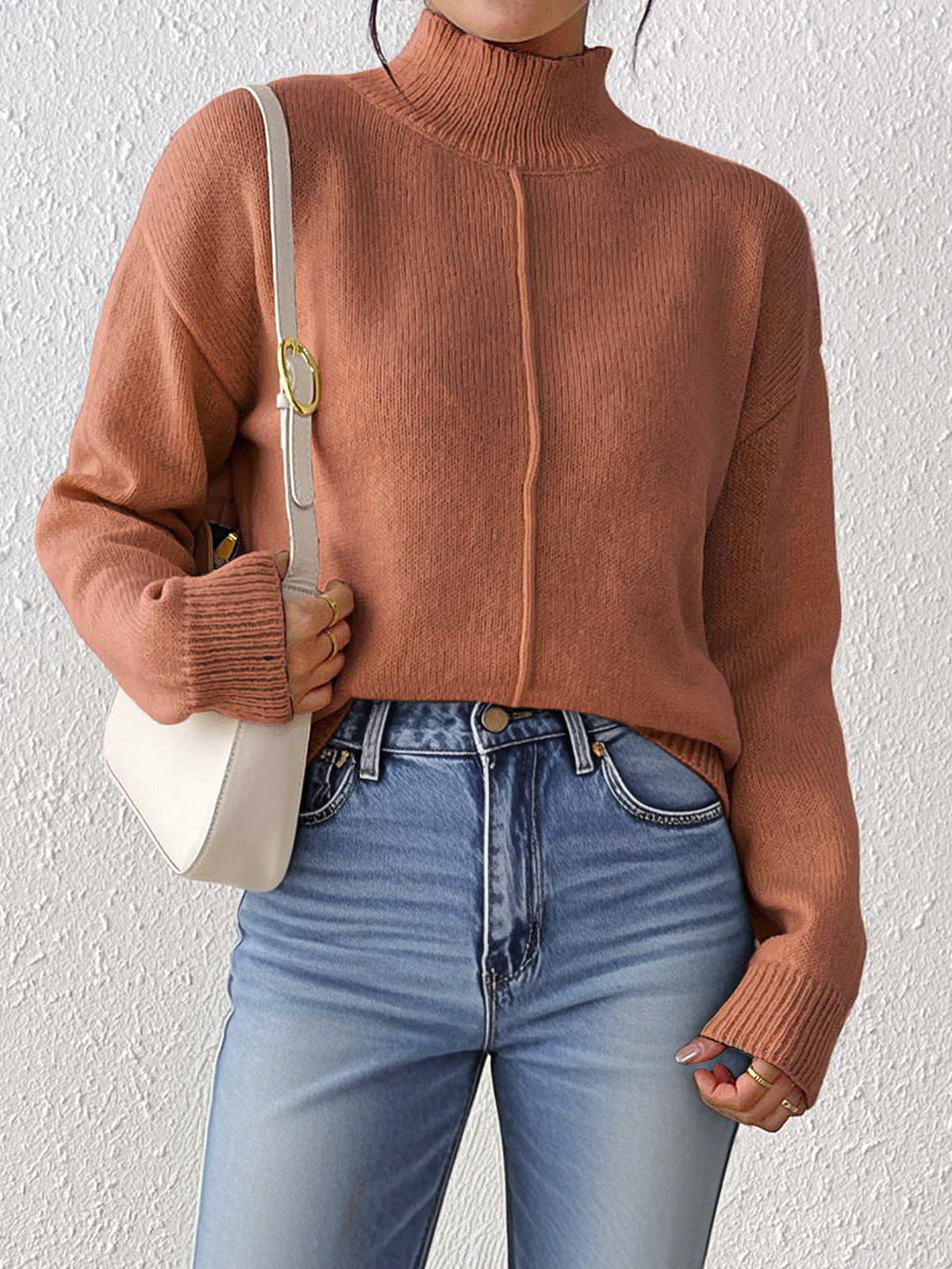 Center Seam Mock Neck Pullover Sweater - Coffee