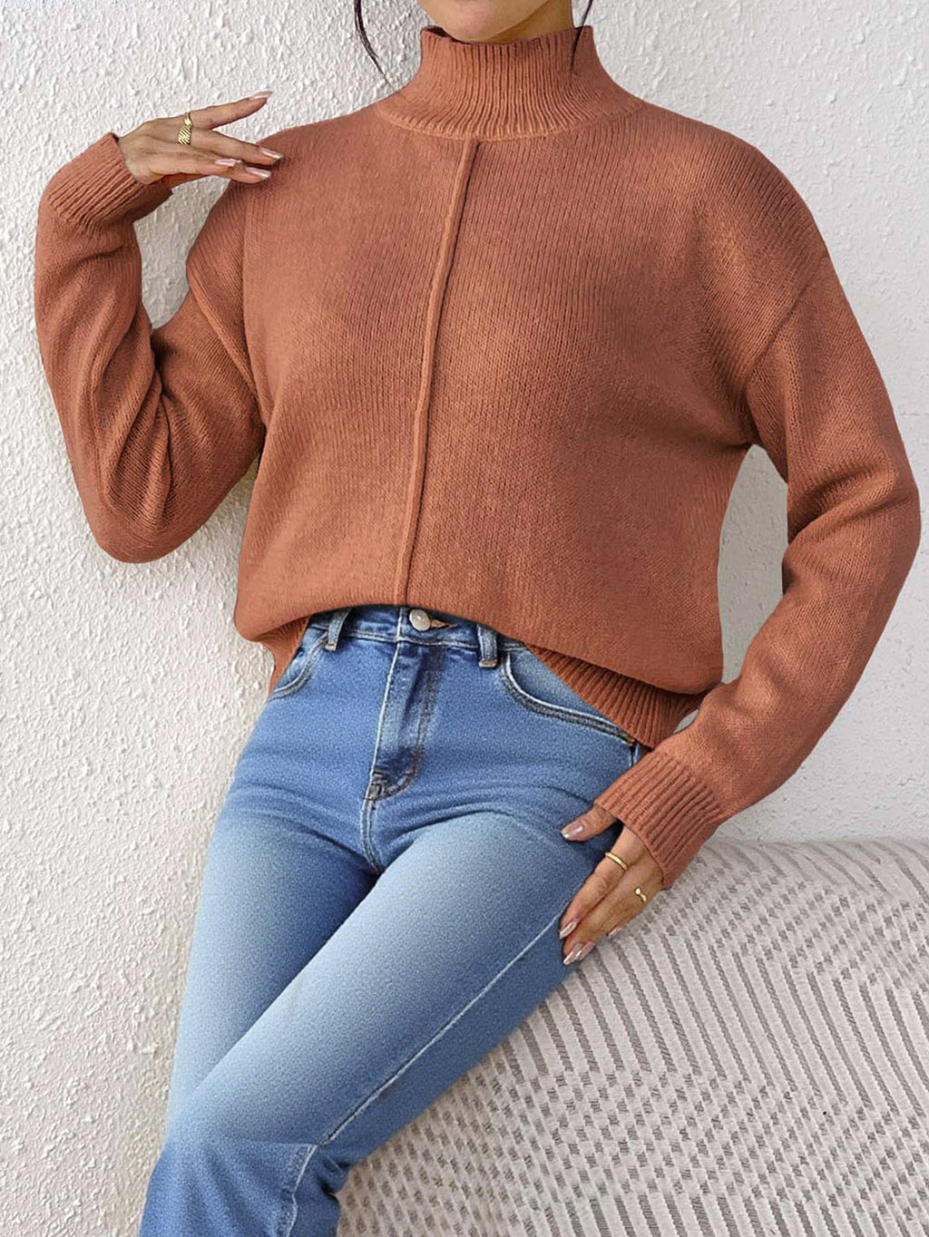 Center Seam Mock Neck Pullover Sweater - Coffee - 1