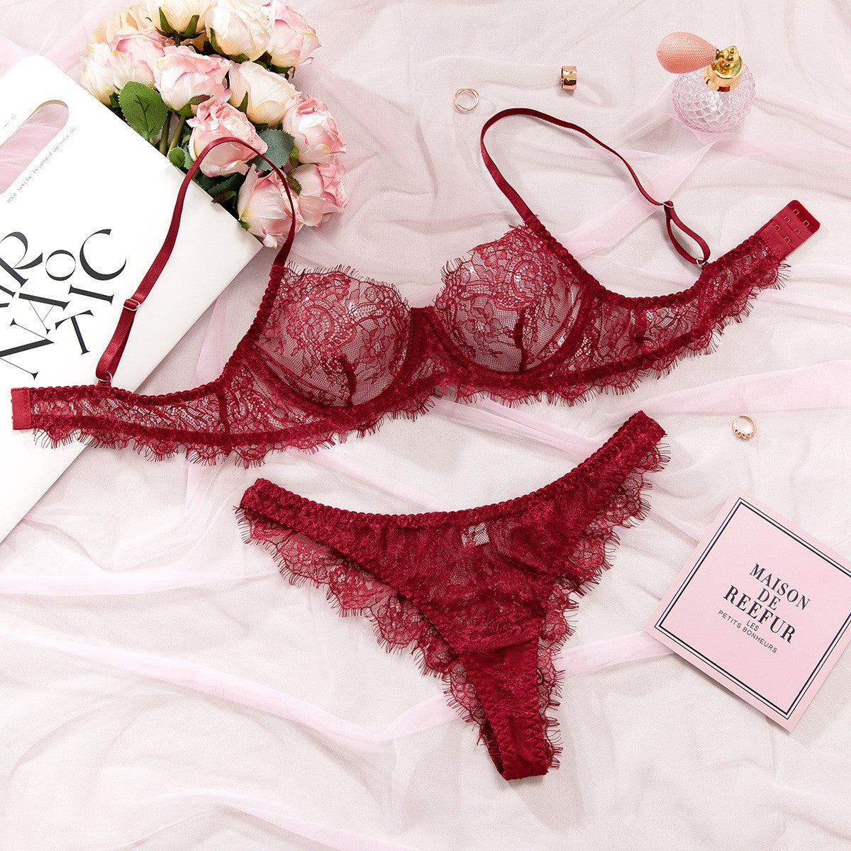 Eyelash Lace Sheer Underwire Bra And Thong Set - Burgundy