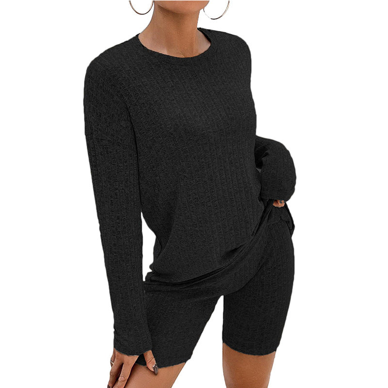 Ribbed Knit Top And Biker Short Set - Black