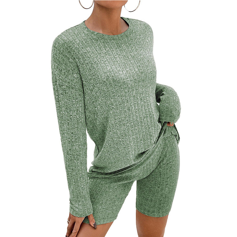 Ribbed Knit Top And Biker Short Set - Green