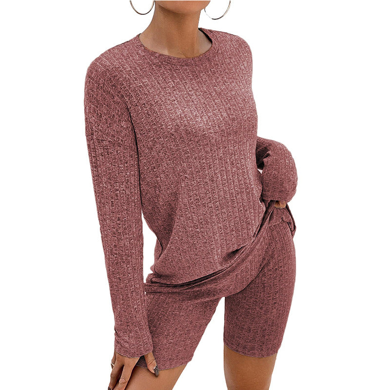 Ribbed Knit Top And Biker Short Set - Red