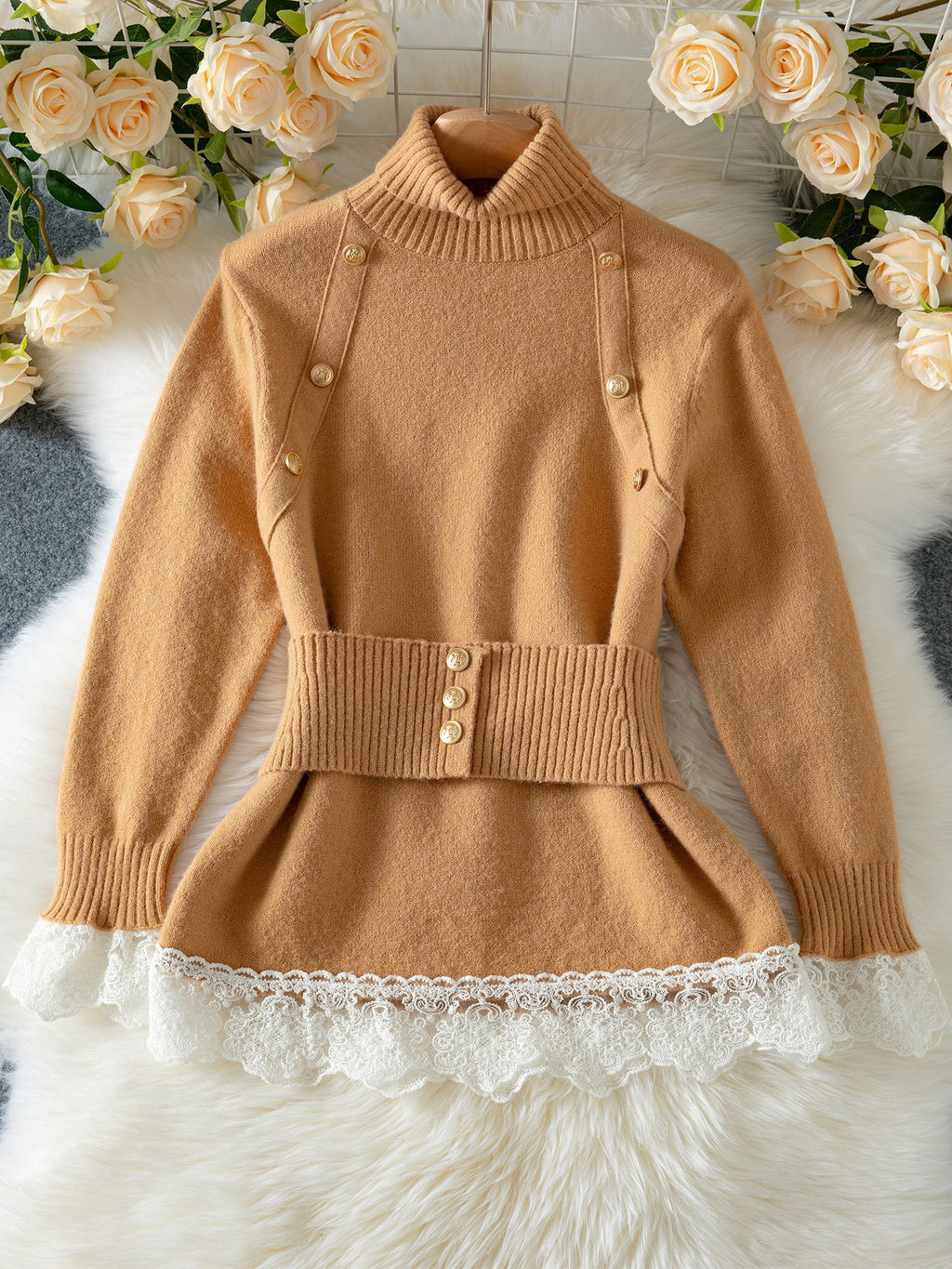Lace Hem Turtleneck Button Peplum Sweater - Khaki