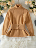 Lace Hem Turtleneck Button Peplum Sweater - Khaki