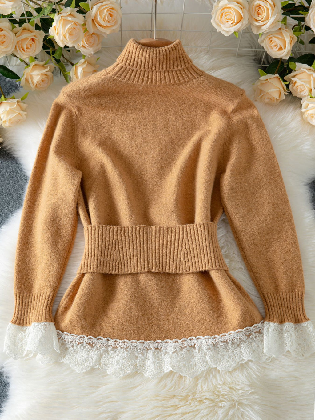 Lace Hem Turtleneck Button Peplum Sweater - Khaki - 1