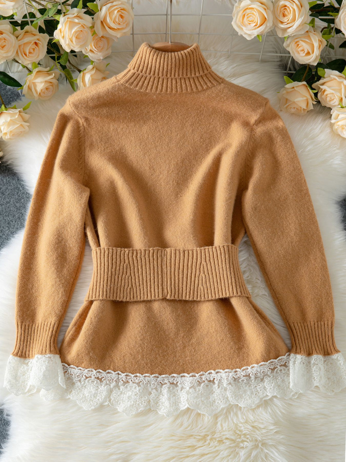 Lace Hem Turtleneck Button Peplum Sweater - Khaki - 1