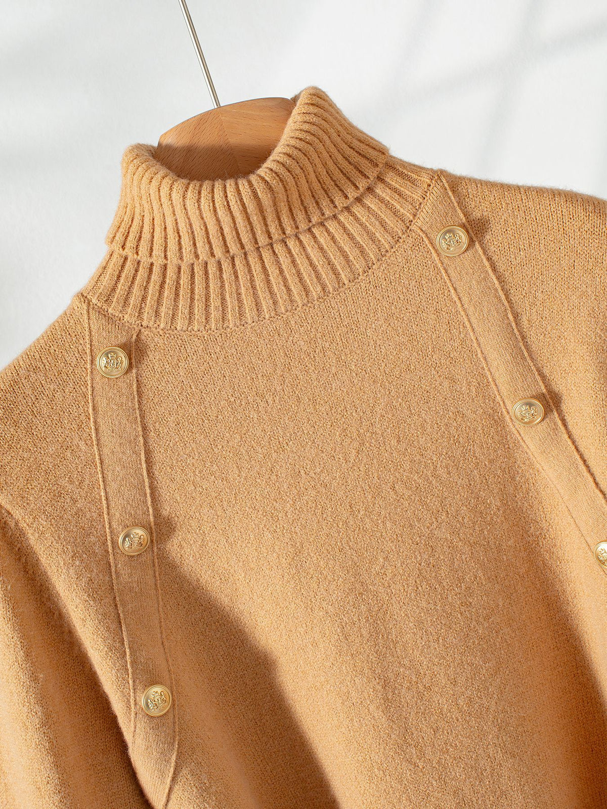 Lace Hem Turtleneck Button Peplum Sweater - Khaki - 2