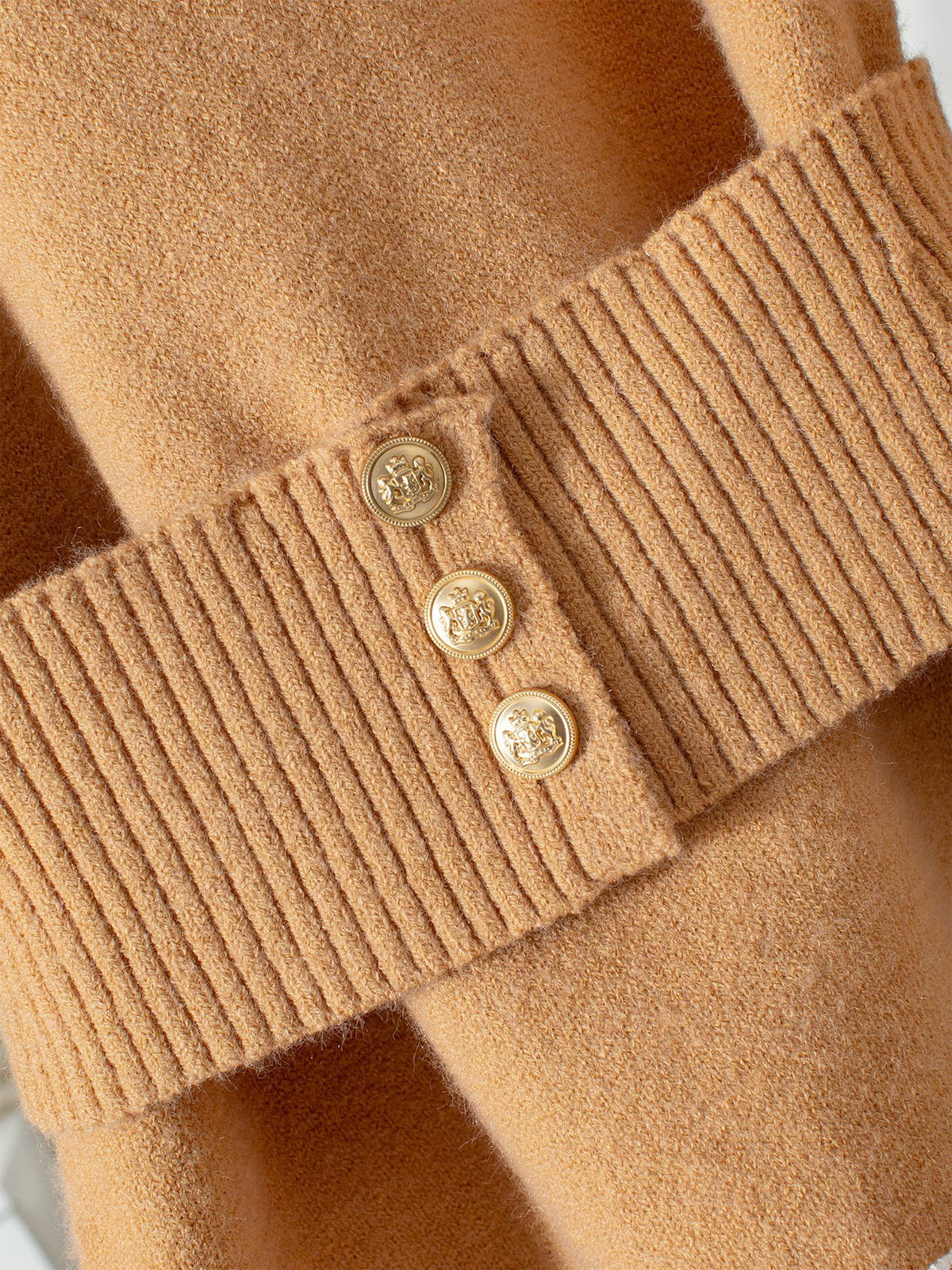 Lace Hem Turtleneck Button Peplum Sweater - Khaki - 3