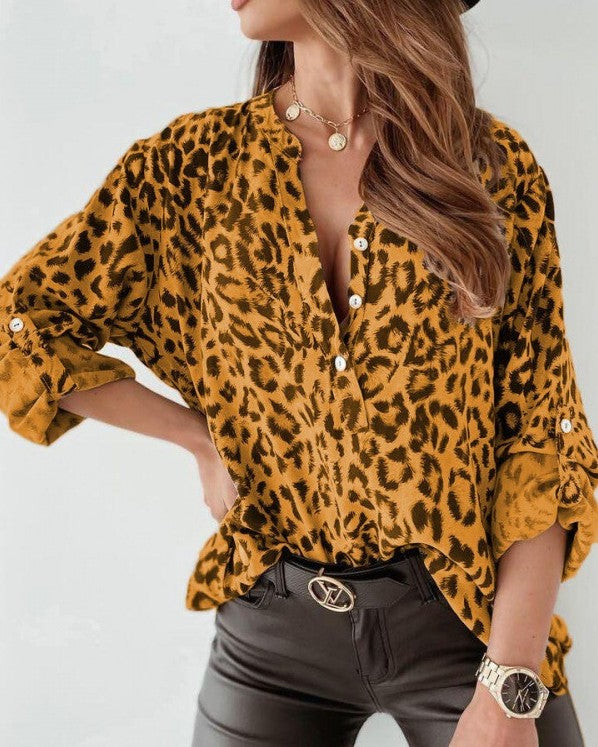 Animal Print Button Front Blouse - Yellow