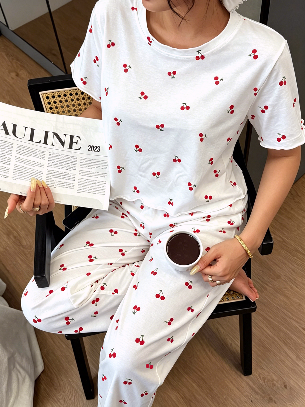 Scattered Heart-Print Short-Sleeve Cotton Pajama Set - Cherry - 2