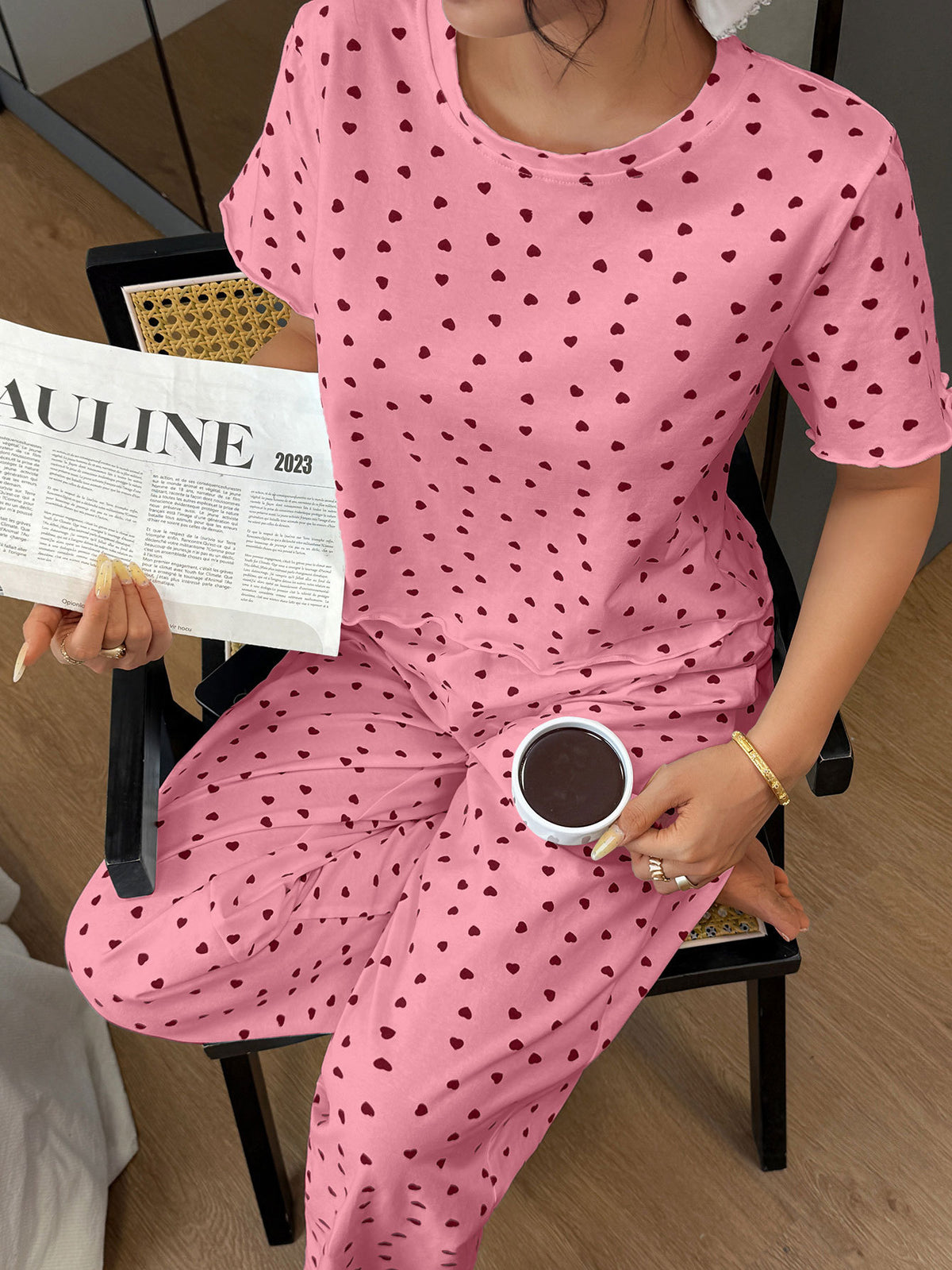 Scattered Heart-Print Short-Sleeve Cotton Pajama Set - Pink - 2