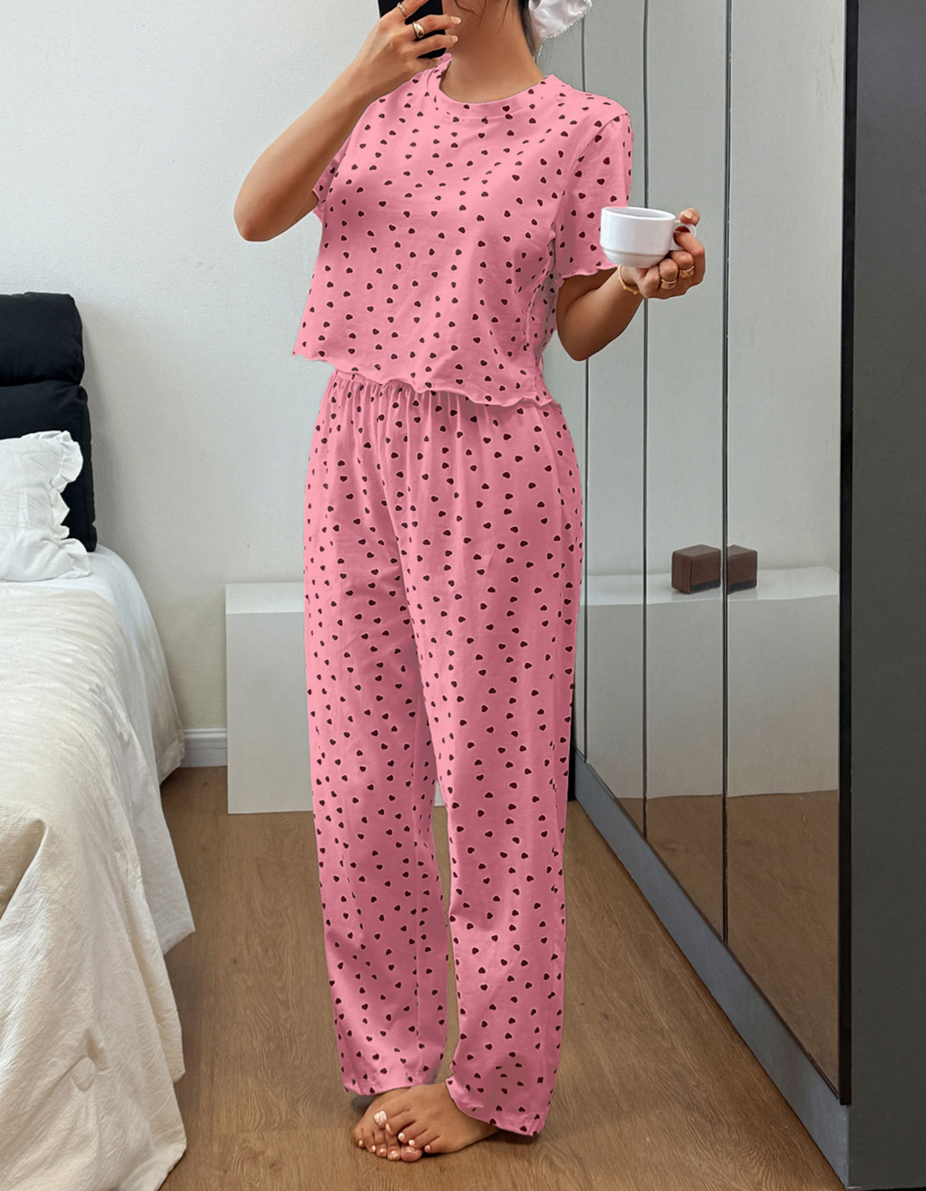 Scattered Heart-Print Short-Sleeve Cotton Pajama Set - Pink - 3