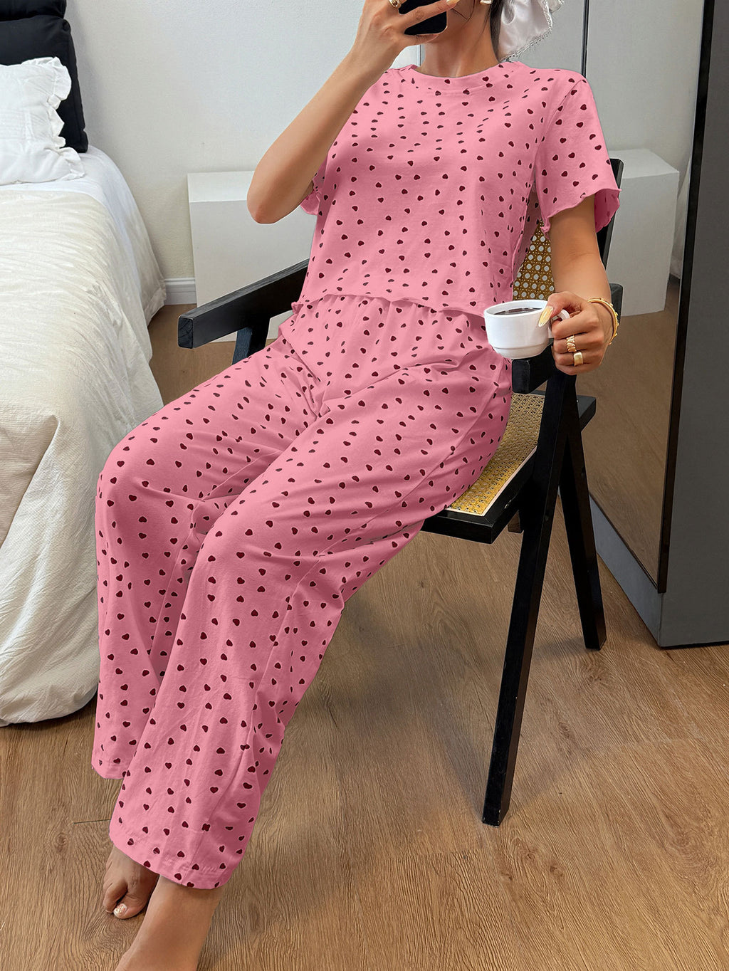 Scattered Heart-Print Short-Sleeve Cotton Pajama Set - Pink - 4