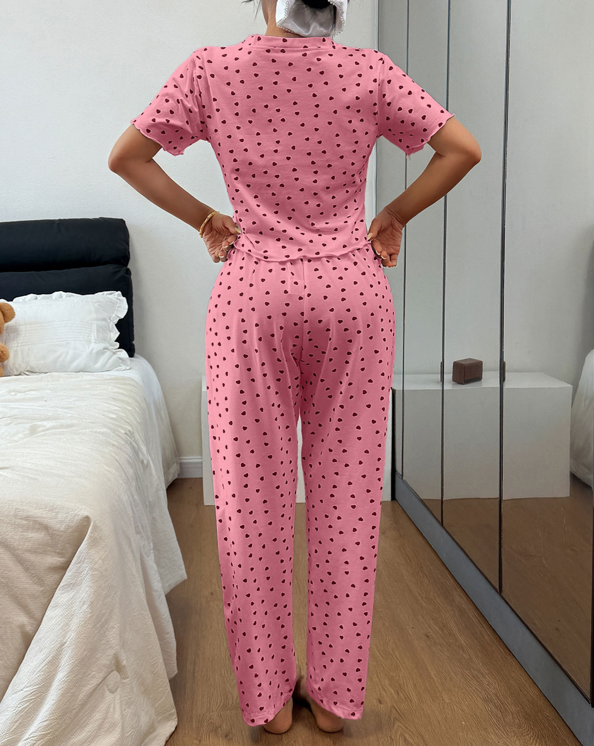 Scattered Heart-Print Short-Sleeve Cotton Pajama Set - Pink - 5