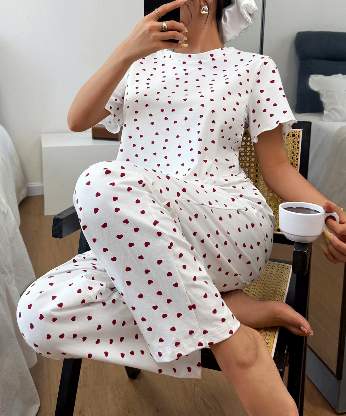 Scattered Heart-Print Short-Sleeve Cotton Pajama Set - White