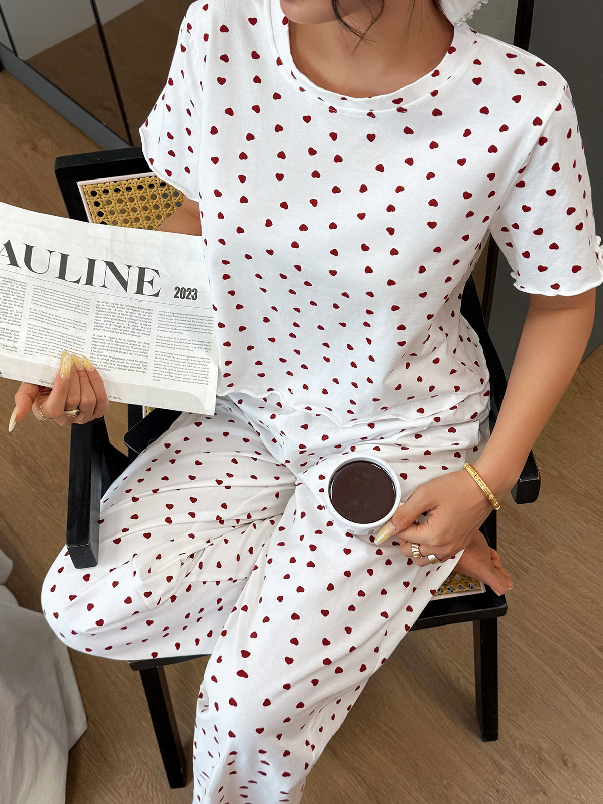 Scattered Heart-Print Short-Sleeve Cotton Pajama Set - White - 2