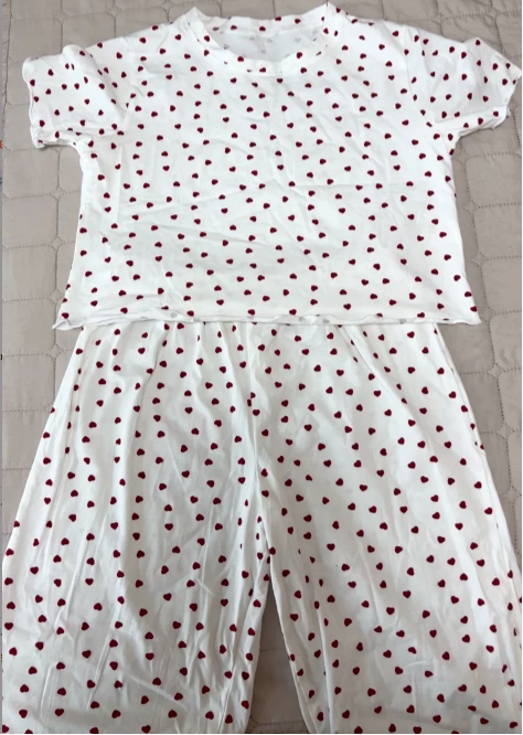 Scattered Heart-Print Short-Sleeve Cotton Pajama Set - White - 3