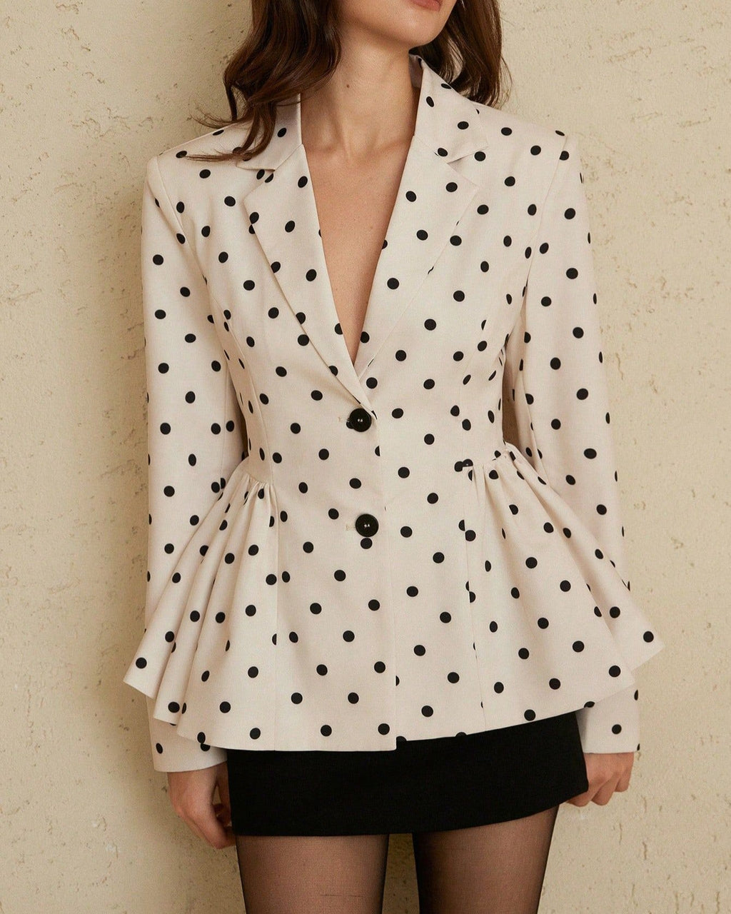 Dotted Single Button Peplum Blazer - White - 1