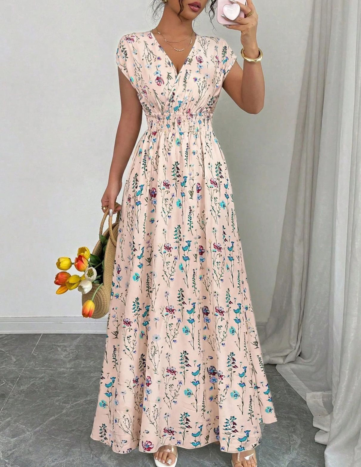 Shirred Waist Floral Maxi Dress With Cap Sleeves - APink
