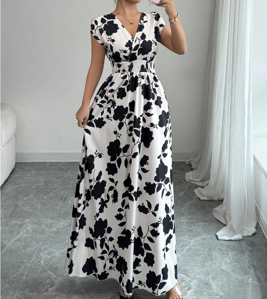 Shirred Waist Floral Maxi Dress With Cap Sleeves - BWhite - 2