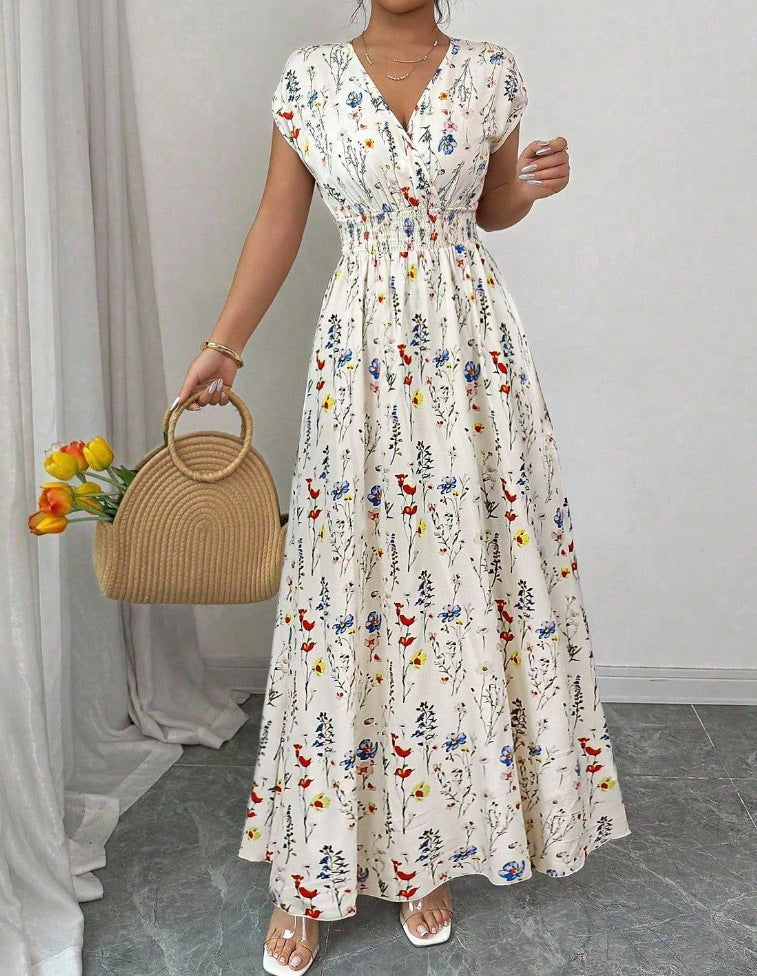 Shirred Waist Floral Maxi Dress With Cap Sleeves - Begie