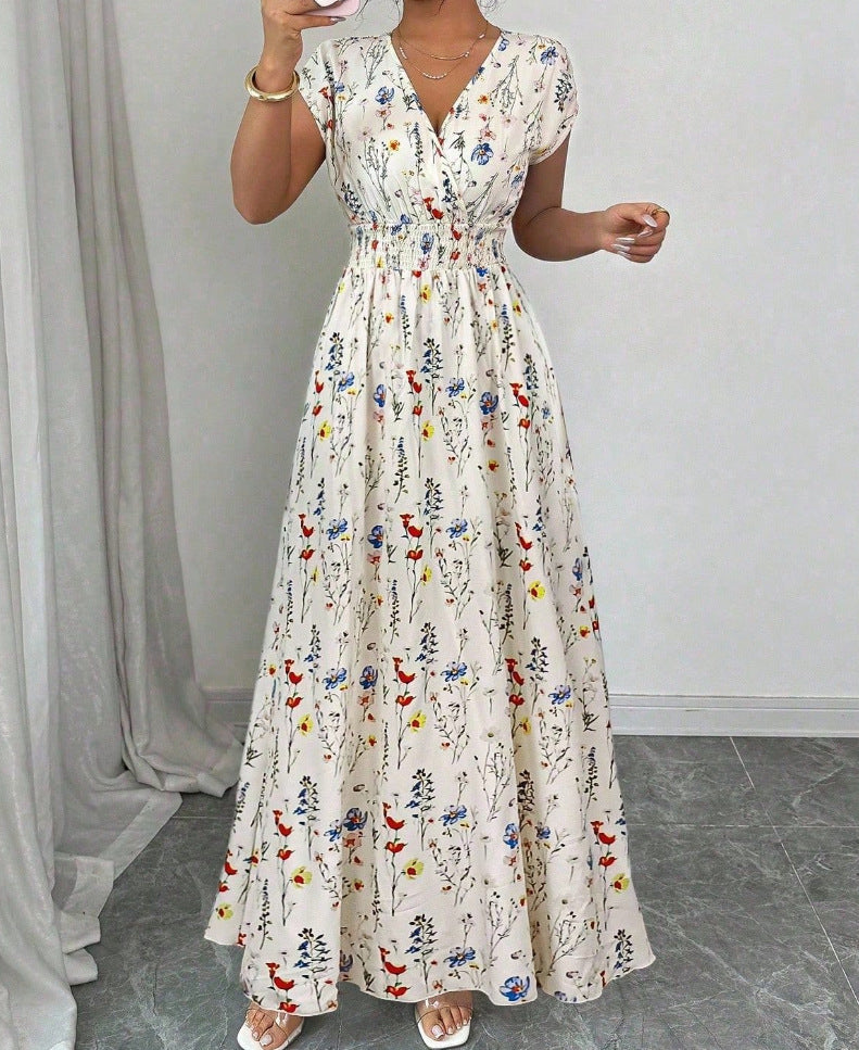 Shirred Waist Floral Maxi Dress With Cap Sleeves - Begie - 1