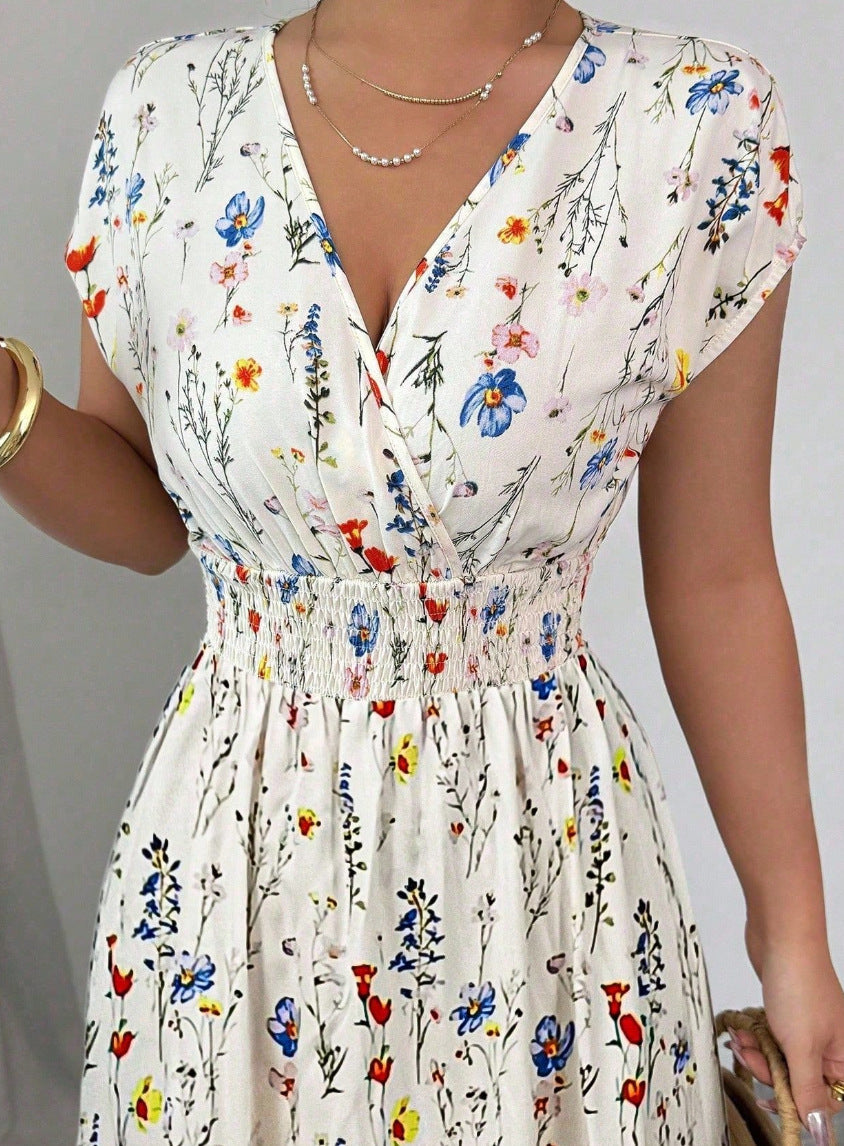 Shirred Waist Floral Maxi Dress With Cap Sleeves - Begie - 2