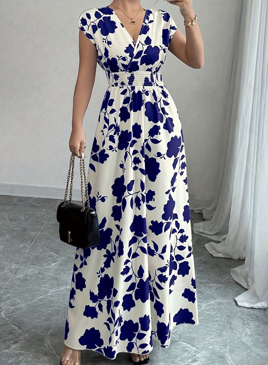 Shirred Waist Floral Maxi Dress With Cap Sleeves - DarkBlue