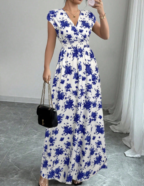 Shirred Waist Floral Maxi Dress With Cap Sleeves - DeepBlue