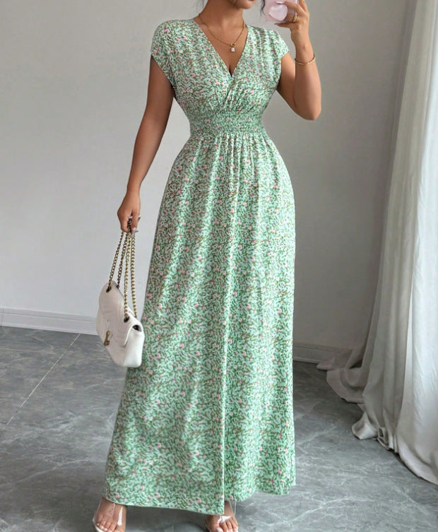 Shirred Waist Floral Maxi Dress With Cap Sleeves - Grass