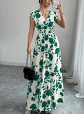 Shirred Waist Floral Maxi Dress With Cap Sleeves - Green