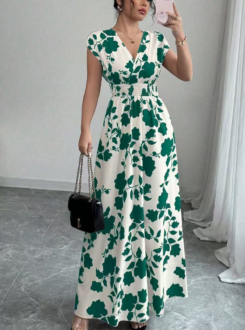 Shirred Waist Floral Maxi Dress With Cap Sleeves - Green