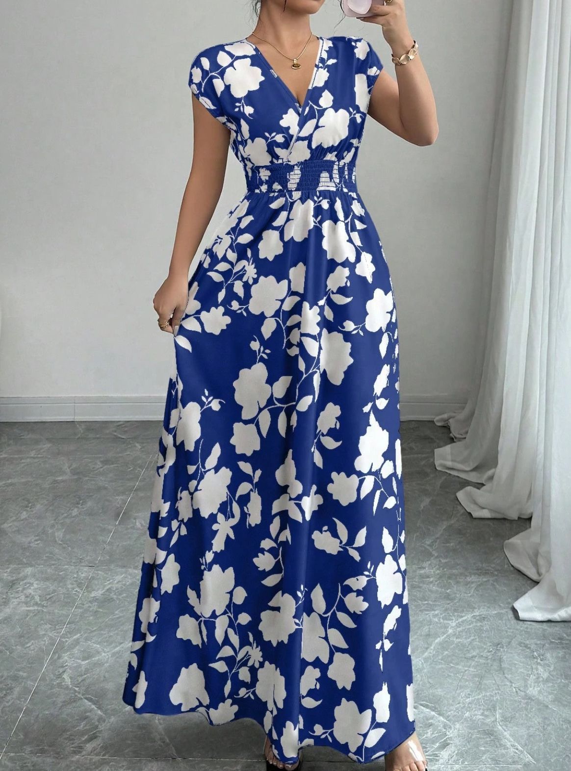 Shirred Waist Floral Maxi Dress With Cap Sleeves - MBlue