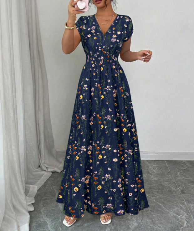 Shirred Waist Floral Maxi Dress With Cap Sleeves - NavyBlue