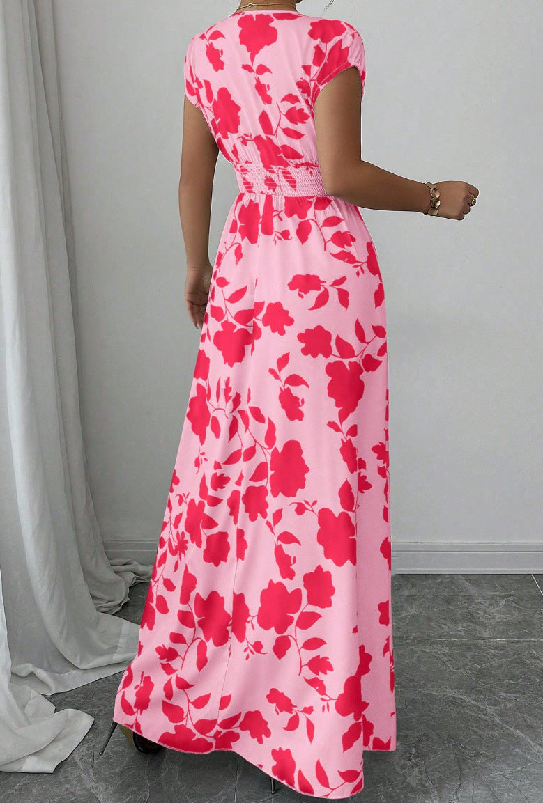 Shirred Waist Floral Maxi Dress With Cap Sleeves - Pink - 1
