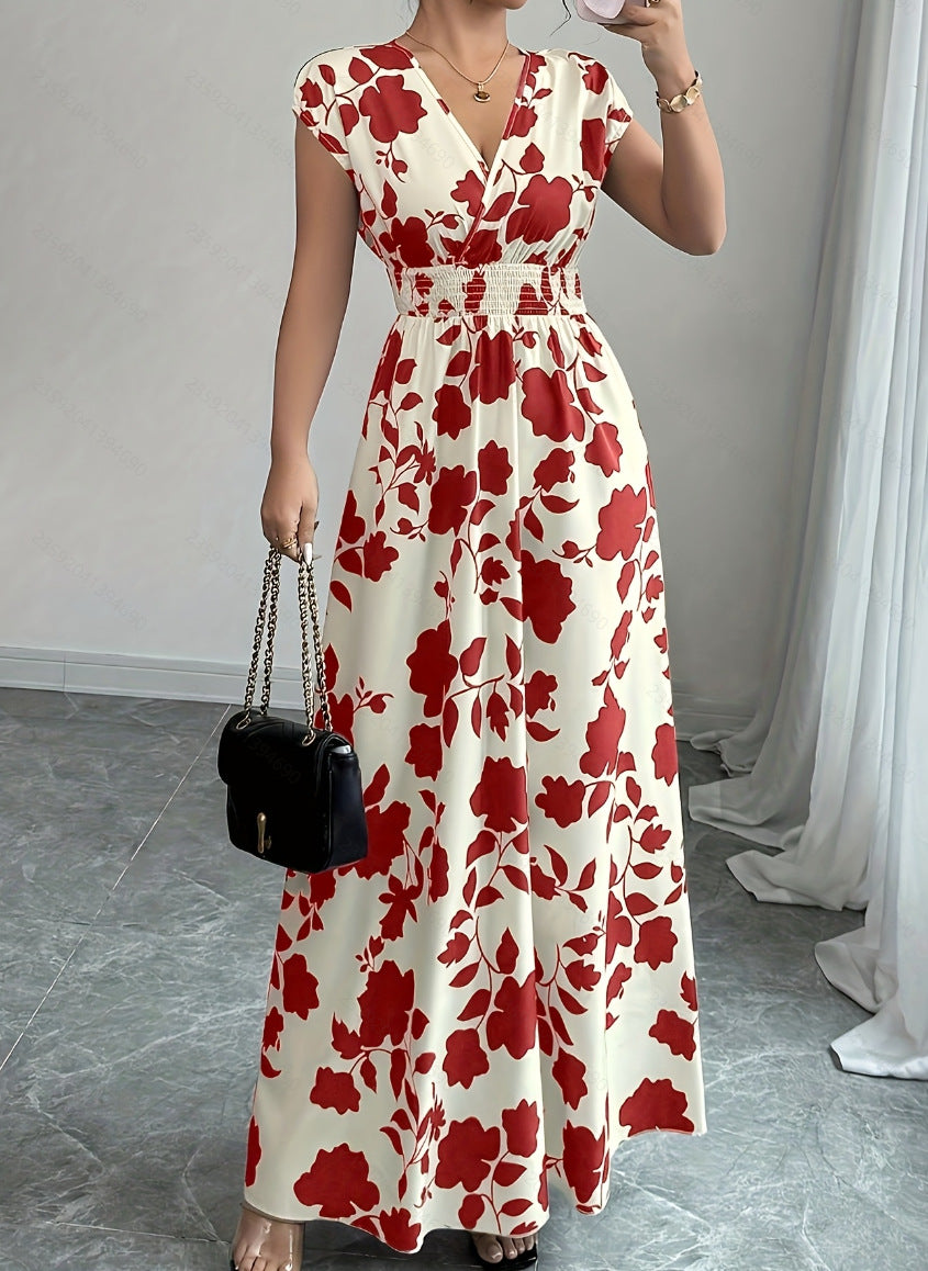 Shirred Waist Floral Maxi Dress With Cap Sleeves - Red