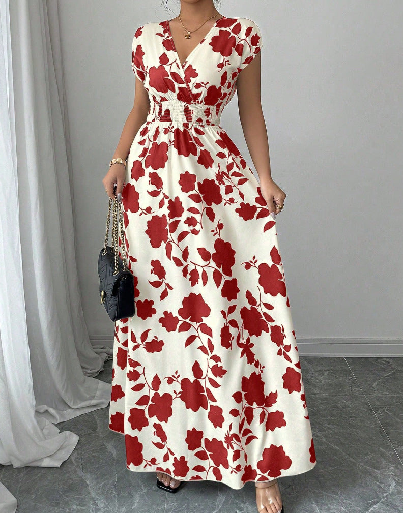 Shirred Waist Floral Maxi Dress With Cap Sleeves - Red - 1