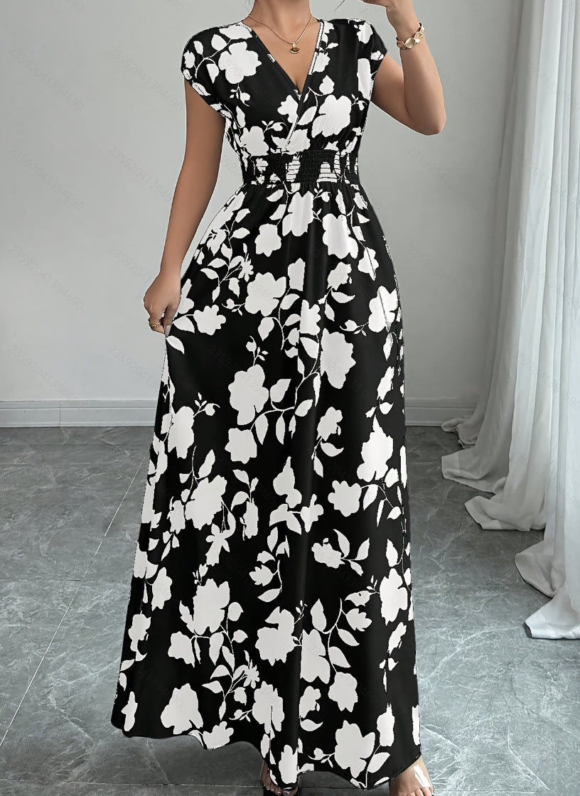 Shirred Waist Floral Maxi Dress With Cap Sleeves - WBlack