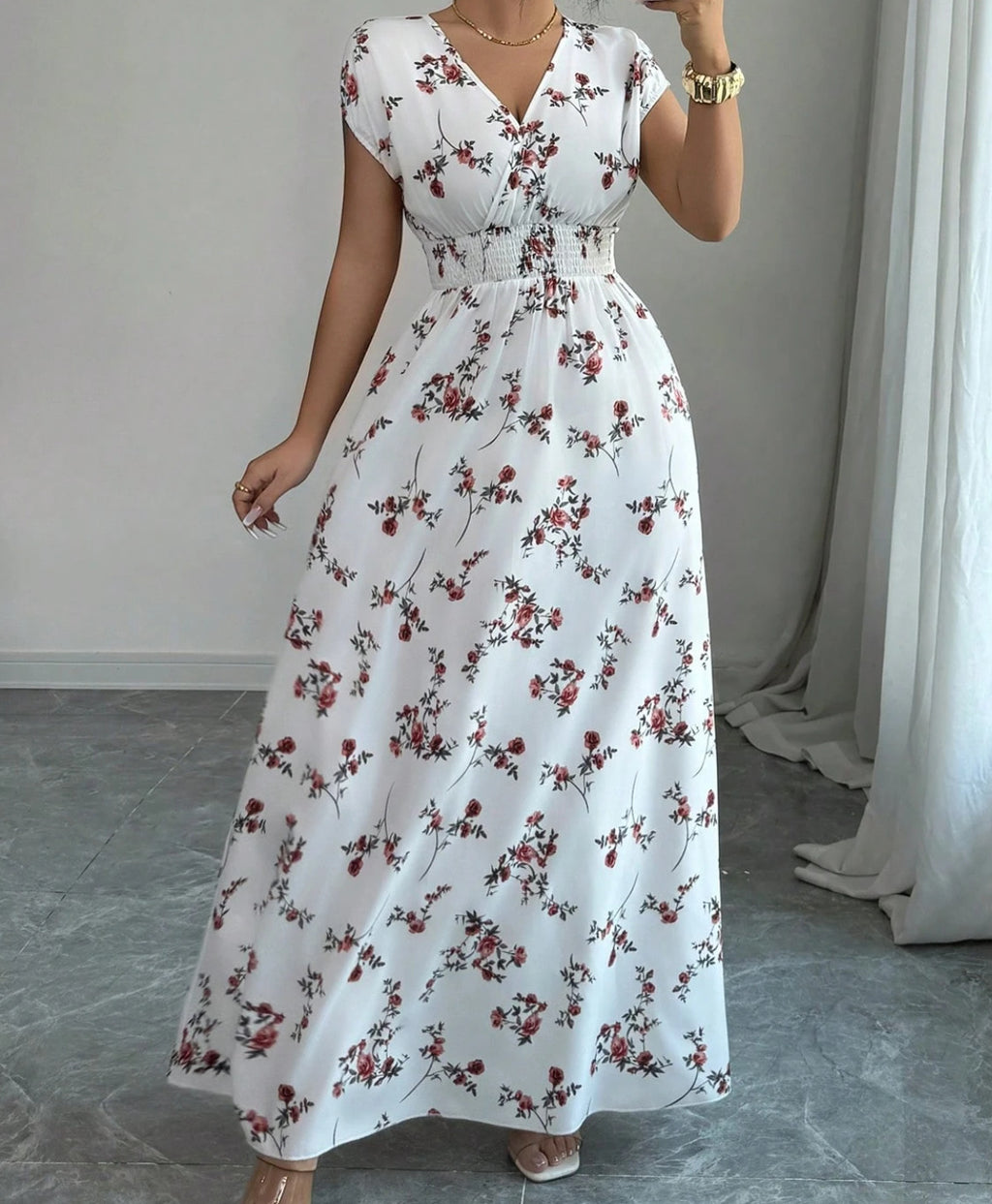 Shirred Waist Floral Maxi Dress With Cap Sleeves - White
