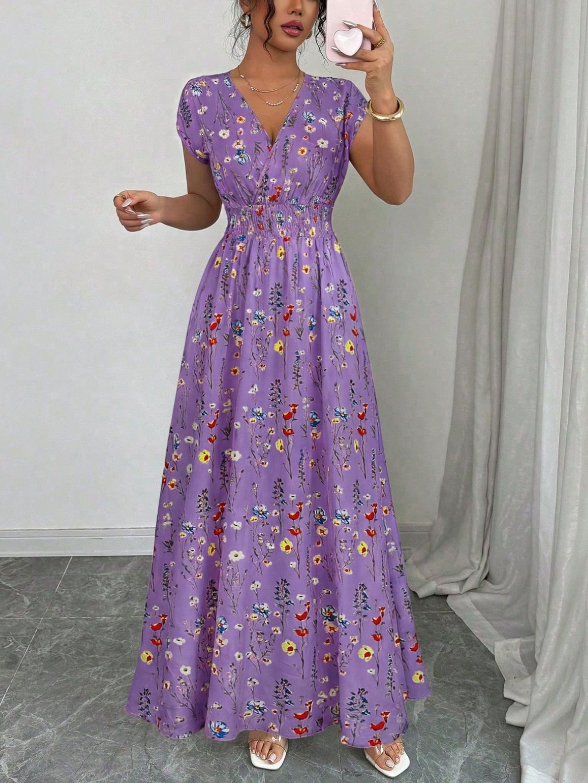 Shirred Waist Floral Maxi Dress With Cap Sleeves -  Purple