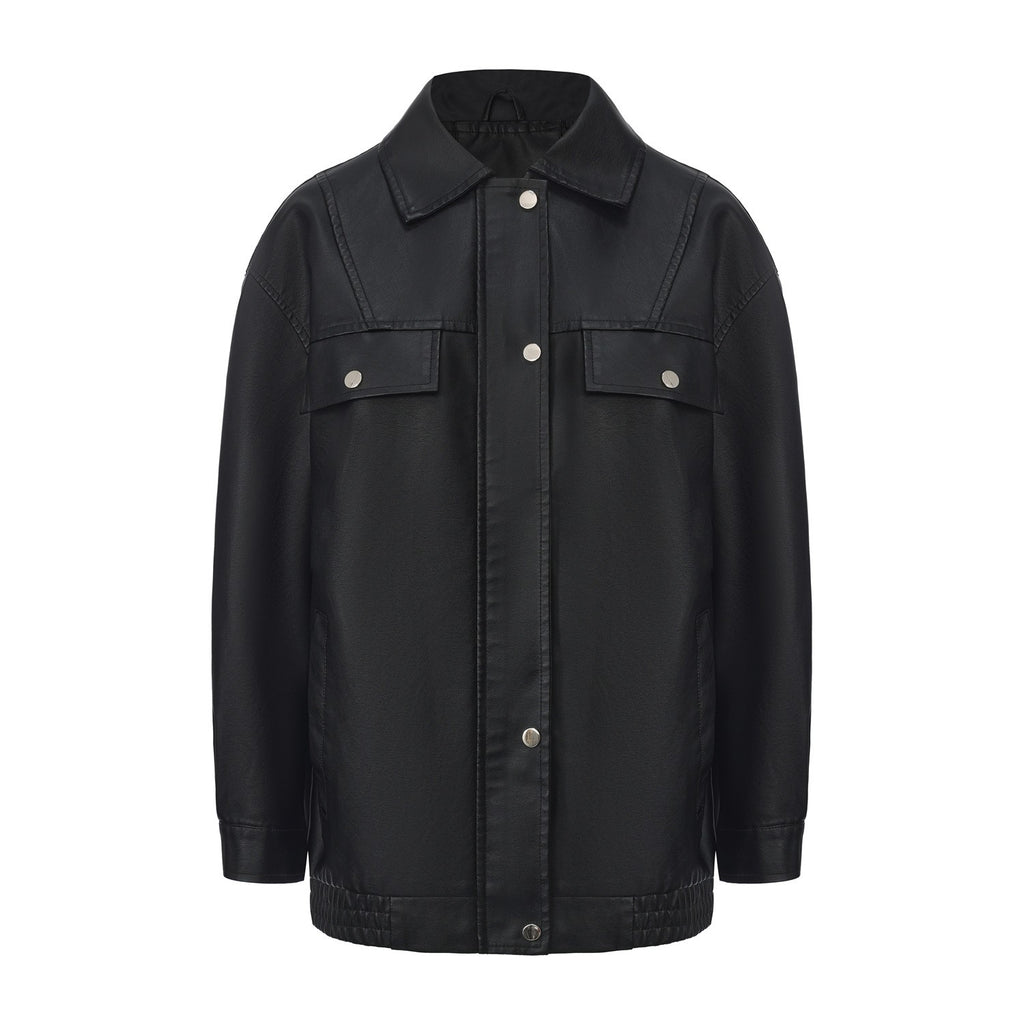 Oversized Faux Leather Flap Pocket Utility Jacket - Black