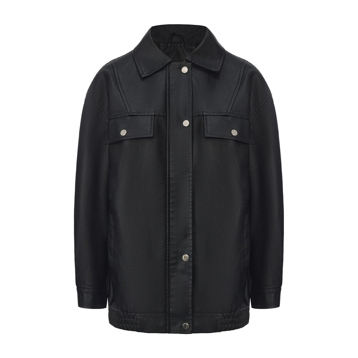 Oversized Faux Leather Flap Pocket Utility Jacket - Black