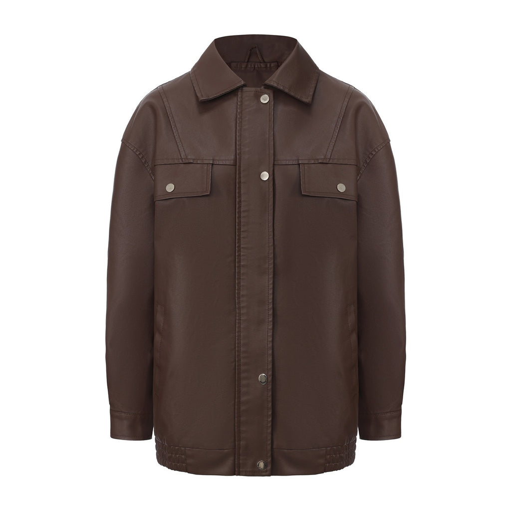 Oversized Faux Leather Flap Pocket Utility Jacket - Coffee Brown