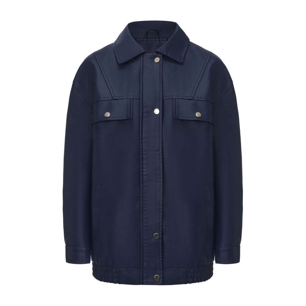 Oversized Faux Leather Flap Pocket Utility Jacket - Navy
