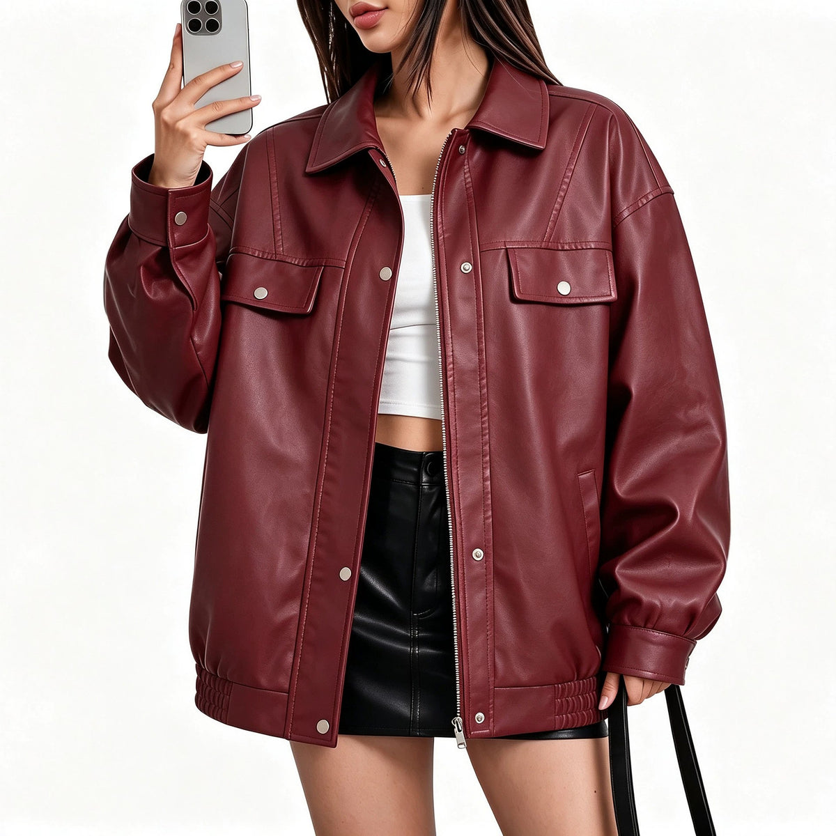 Oversized Faux Leather Flap Pocket Utility Jacket