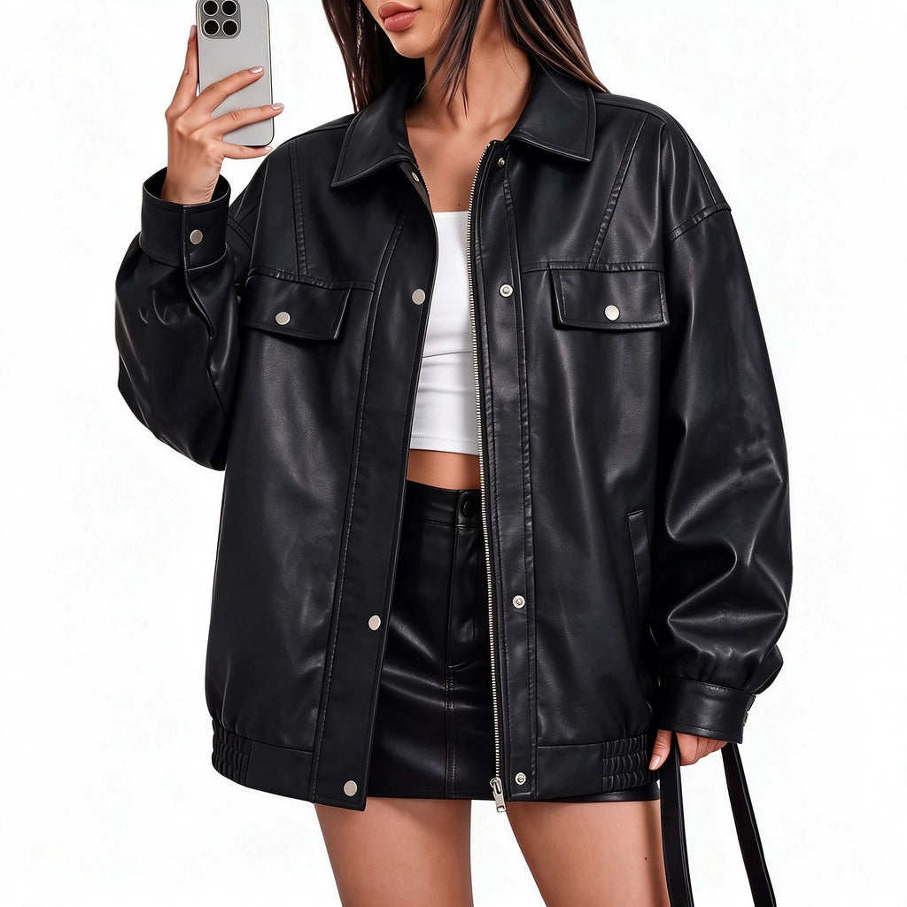 Oversized Faux Leather Flap Pocket Utility Jacket